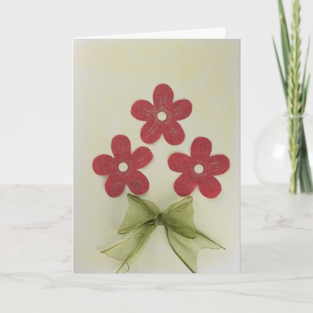 Tarjeta Personaliza tres flores rojas y un arco verde (Anverso)