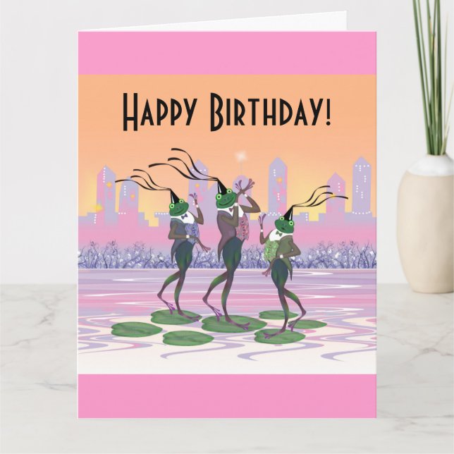 Tarjeta Personalizable Bailando Ranas Feliz Cumpleaños (Anverso)