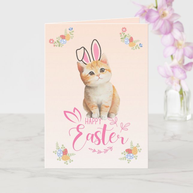 Tarjeta Personalizable Cute Kitten Bunny Easter (Orquídea)