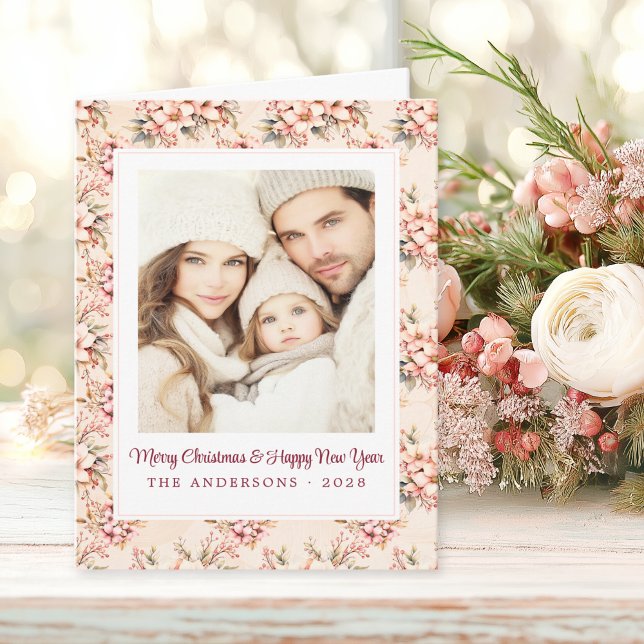 Tarjeta Personalizable de Navidades rosados florales de ép (5 x 7 Shabby Chic Christmas Card)