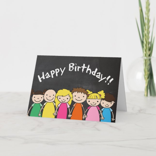 Tarjeta Personalizable feliz cumpleaños con niños de Chalk (Anverso)