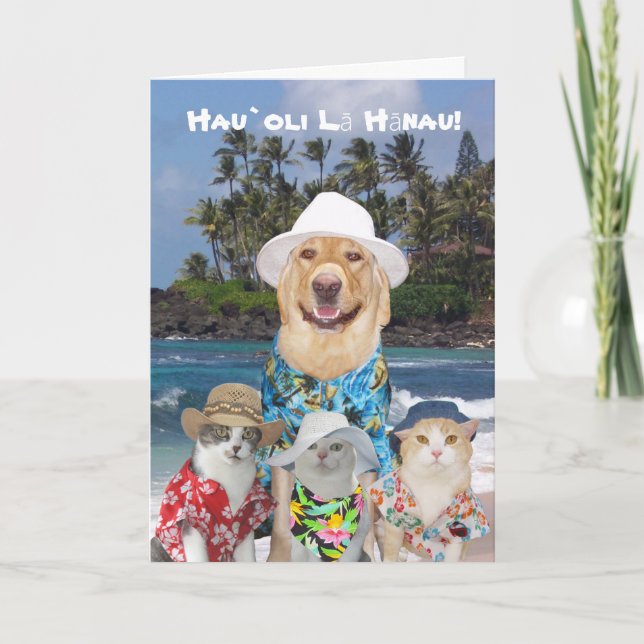 Tarjeta Personalizable Hawai Yellow Lab & Kitties Birthda (Anverso)