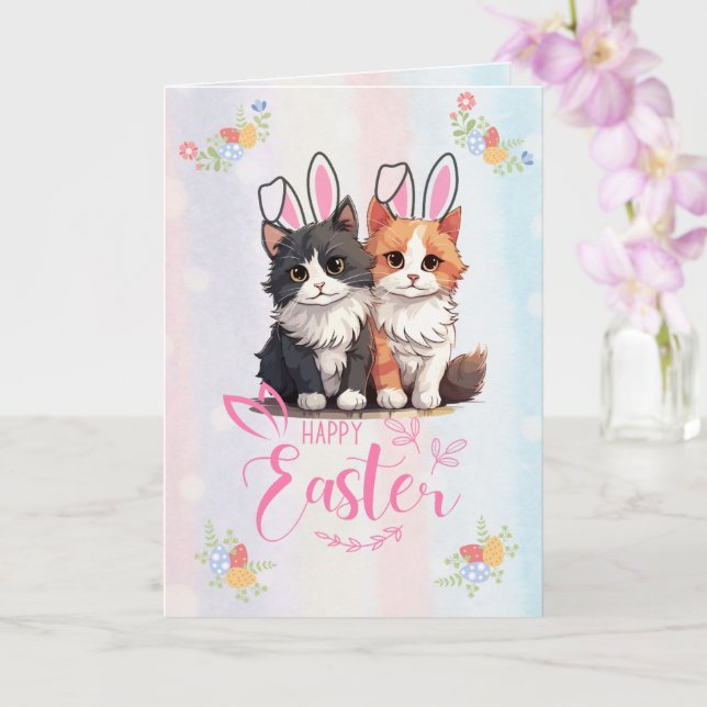 Tarjeta Personalizable lindo Duo Kitten Bunny Easter (Orquídea)
