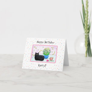 Tarjeta Personalizable lindo gato negro con flores cumplea