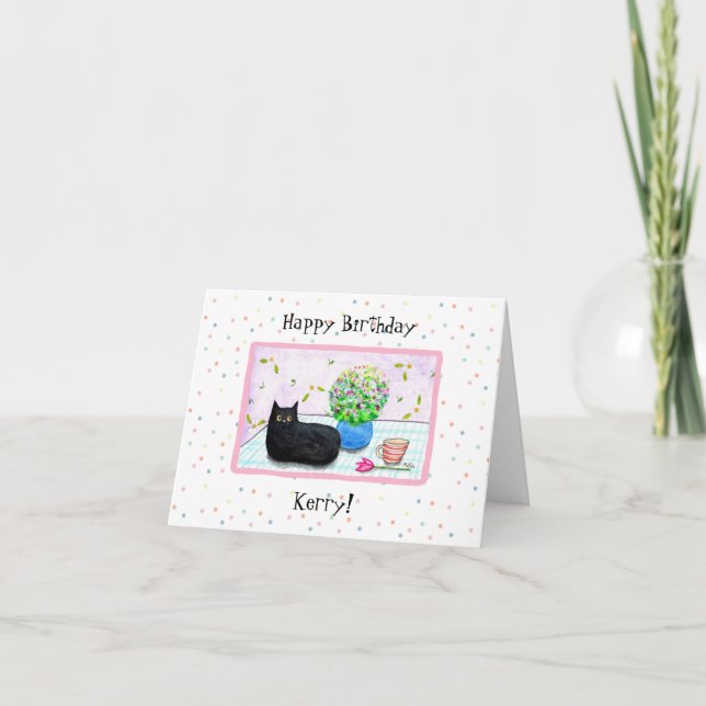 Tarjeta Personalizable lindo gato negro con flores cumplea (Anverso)
