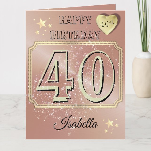 Tarjeta personalizada de cumpleaños 40 en oro rosa (Anverso)