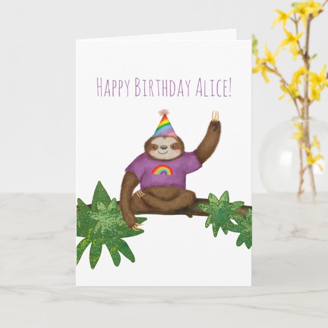 Tarjeta personalizada de cumpleaños de yogi sloth (flor amarilla)
