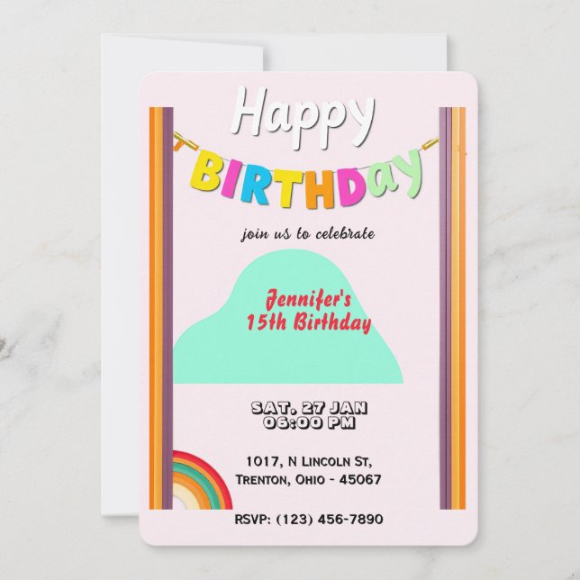 Tarjeta personalizada de cumpleaños Rainbow Happy (Anverso)