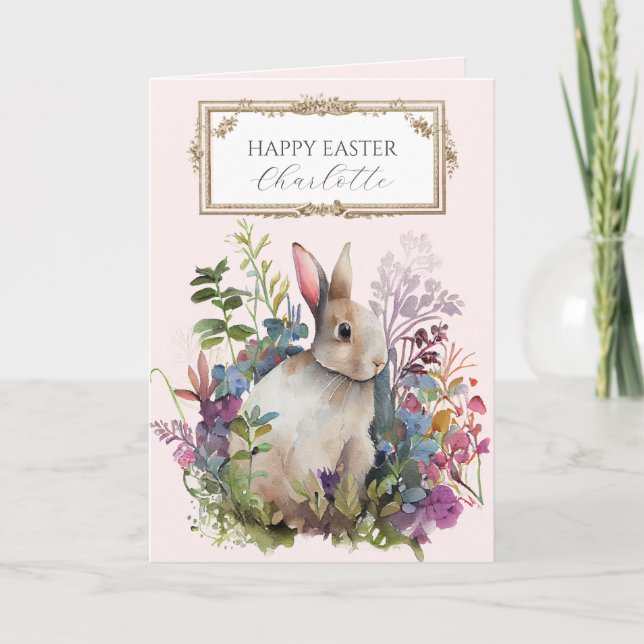 Tarjeta personalizada de Pascua de conejito floral (Anverso)
