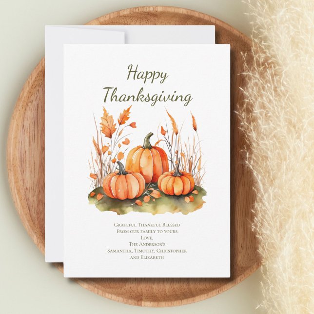 Tarjeta personalizada del día de Acción de Gracias (Thanksgiving cards with pumpkins and botanicals Happy Thanksgiving)