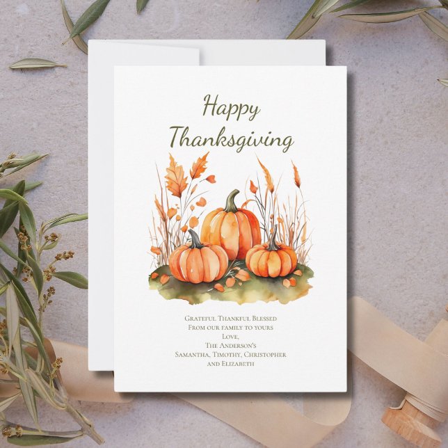 Tarjeta personalizada del Día de Acción de Gracias (Thanksgiving card with pumpkins and fall botanicals. Printed or Digital Download)