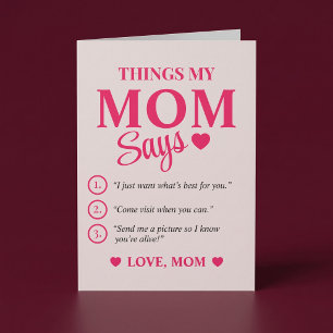 Tarjeta personalizada para mamá con cosas que dice