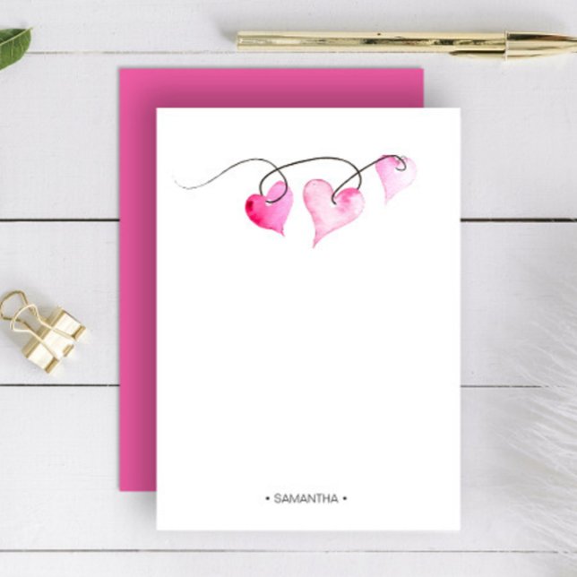 Tarjeta personalizada rosa de amor y corazones (Personalized valentines stationery watercolor hearts by Victoria Grigaliunas of Do Tell A Belle)