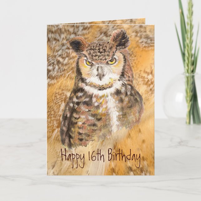 Tarjeta Personalizado 16º cumpleaños, búho salvaje y loco (Anverso)