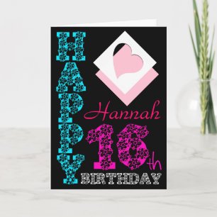 Tarjeta Personalizado 16º cumpleaños Girly Black Greeting
