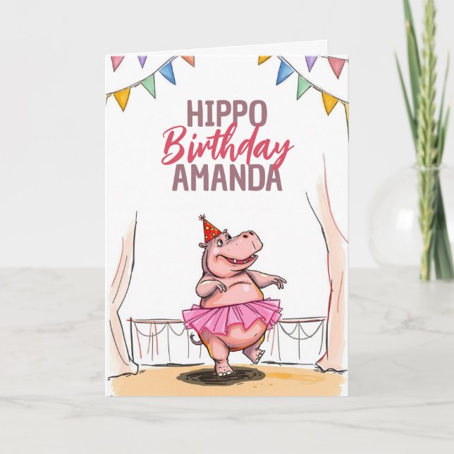 Tarjeta Personalizado Baile rosa Hippo Cumpleaños (Anverso)