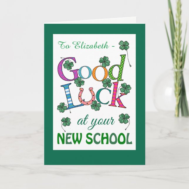 Tarjeta Personalizado Buena Suerte en New School con cuatr (Anverso)