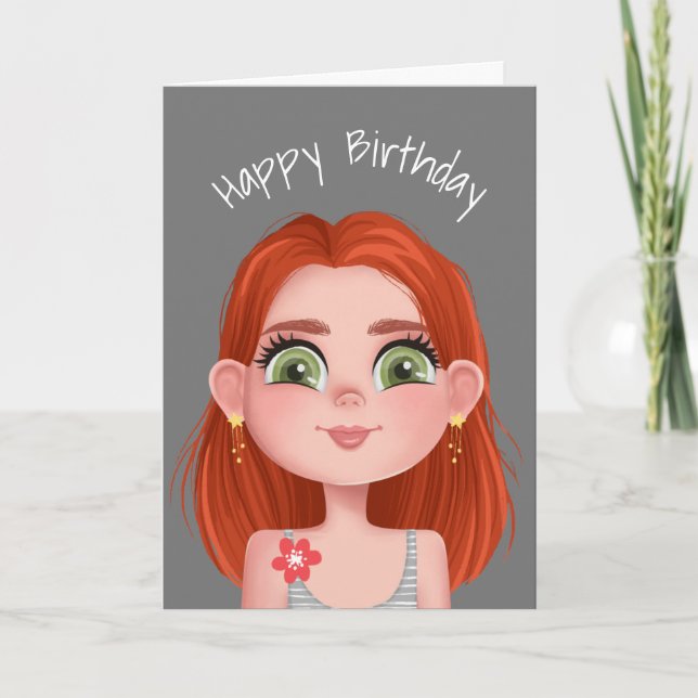 Tarjeta Personalizado Chica De Nacimiento Redhead En Gris (Anverso)
