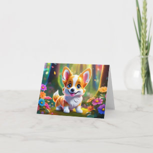 Tarjeta Personalizado Corgi Puppy con Flores BLANCO