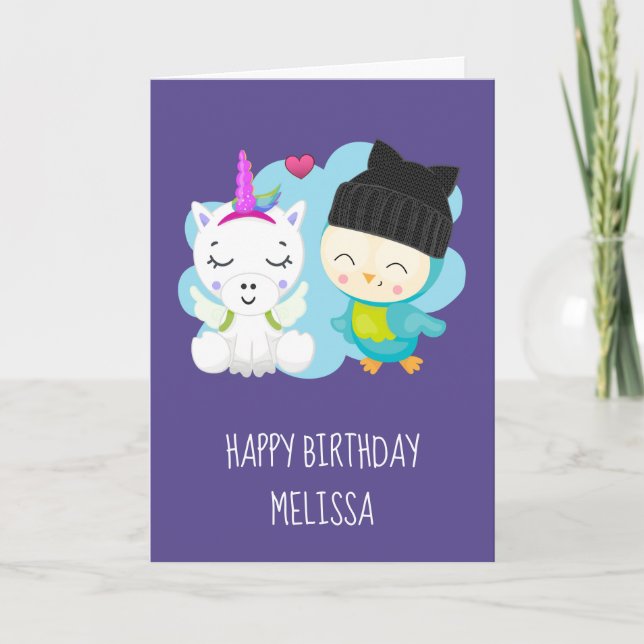 Tarjeta Personalizado Cute Unicornio y cumpleaños de pájar (Anverso)