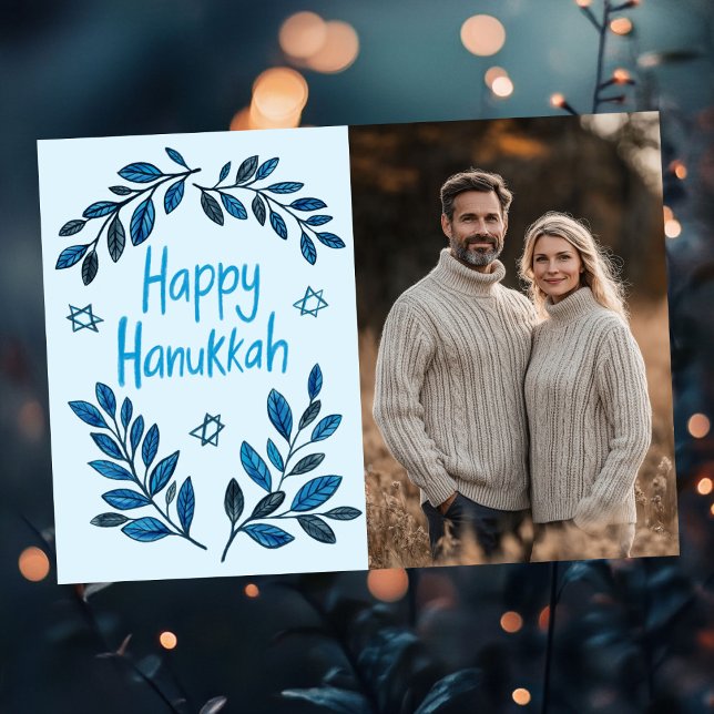 Tarjeta Personalizado de acuarela botánica feliz Hanukkah (Happy Hanukkah Botanical Watercolor Modern CUSTOM PHOTO Card
)