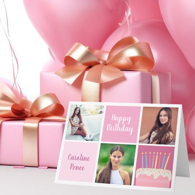 Tarjeta Personalizado de Collage de fotos rosa lindo feliz (Subido por el creador)