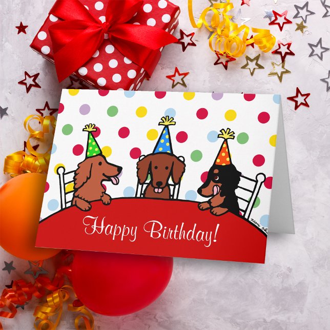 Tarjeta Personalizado de cumpleaños de Dachshund (Dachshund Cartoon Birthday Card for Doxie Owners!  Colorful polka dot background.  Cute three pups.)