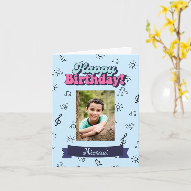Tarjeta Personalizado de cumpleaños feliz foto azul (flor amarilla)
