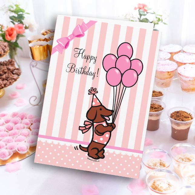 Tarjeta Personalizado de Dachshund Globos rosados de cumpl (Dachshund Cartoon Birthday Pink Balloons Greeting Card for Dachshund Owners!  Cute Doxie design.)