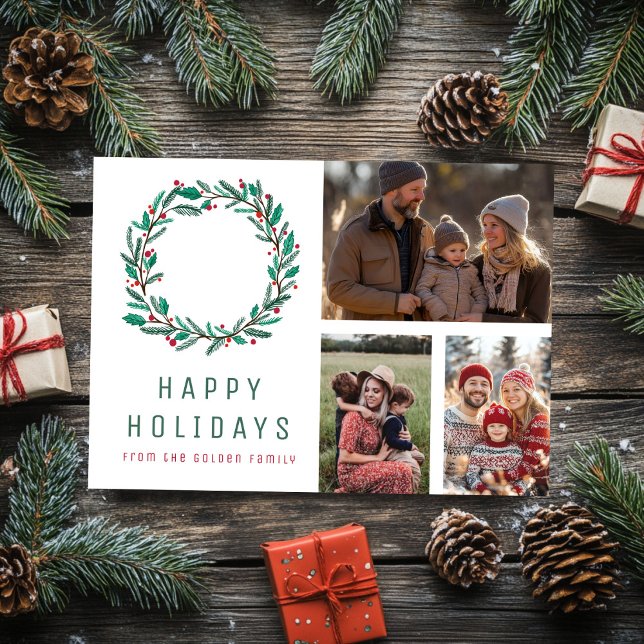 Tarjeta PERSONALIZADO de guerra de navidades 3 FOTOS Grid  (Christmas Wreath CUSTOM PHOTOS Holiday Card
)