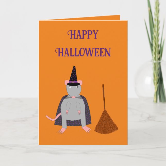 Tarjeta Personalizado de Halloween Witch Rat and Broom (Anverso)