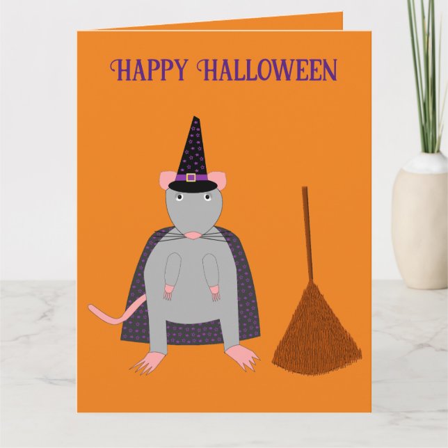 Tarjeta Personalizado de Halloween Witch Rat and Broom (Anverso)
