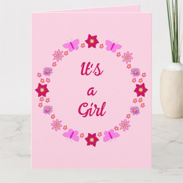 Tarjeta Personalizado de mariposas y flores para bebé rosa (Anverso)
