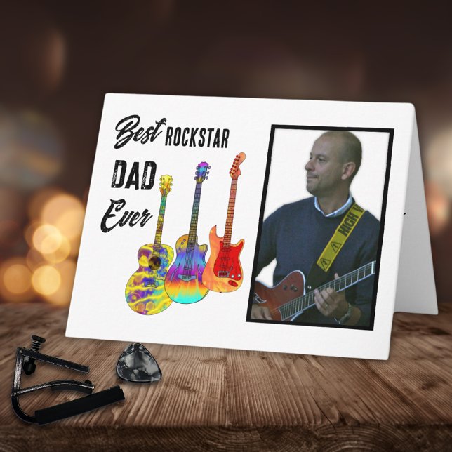 Tarjeta Personalizado de papá, guitarra del día del padre (Best rockstar dad ever custom photo Father’s Day greetings card)