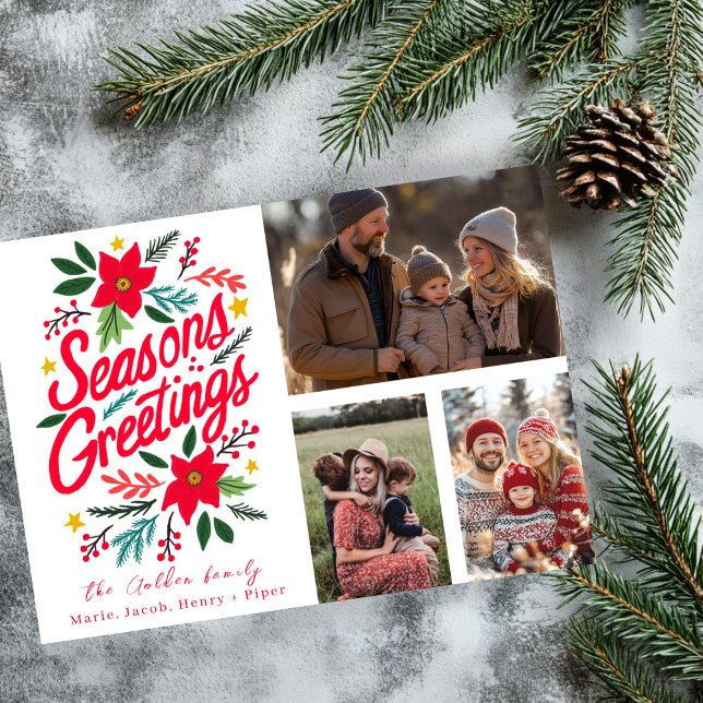 TARJETA PERSONALIZADO DE REUNIONES DE TEMPORADA 3 FESTIVAS (SEASONS GREETINGS Poinsettia Botanicals Hand Drawn CUSTOM Three PHOTO Grid HOLIDAY Christmas Card
)