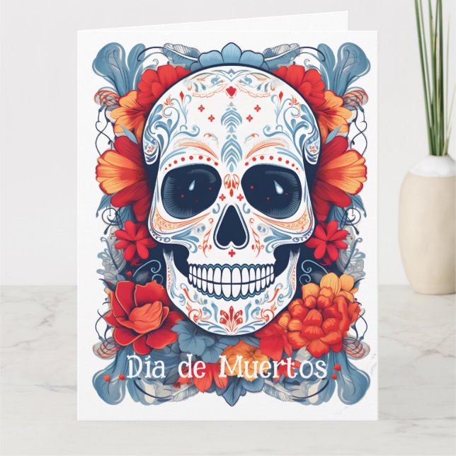 Tarjeta Personalizado de texto azul y rojo Día de Muertos (Anverso)