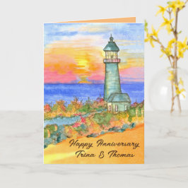 Tarjeta Personalizado el faro de aniversario feliz Sunset