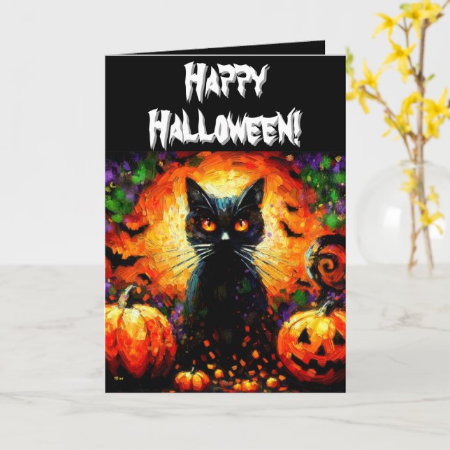 Tarjeta Personalizado el gato negro de Halloween y los far (flor amarilla)