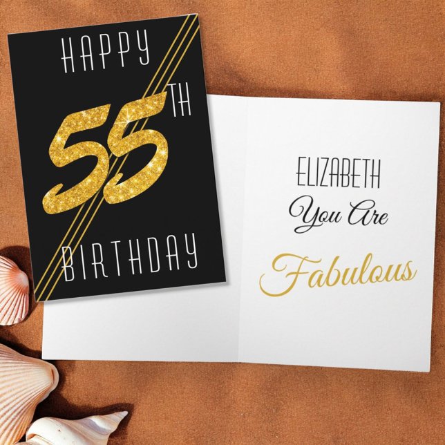 Tarjeta Personalizado Feliz cumpleaños Purpurina de oro de (55th birthday folding card cover and inside template greeting)