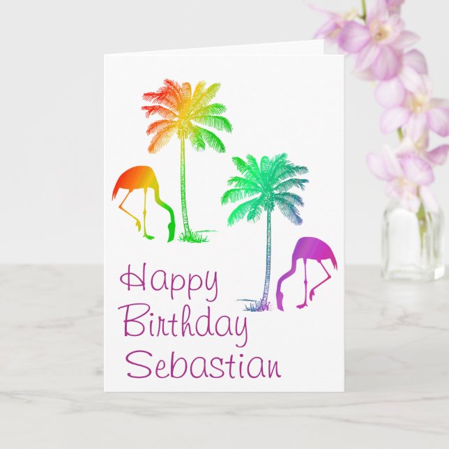 Tarjeta Personalizado Feliz cumpleaños Rainbow Flamingos P (Orquídea)