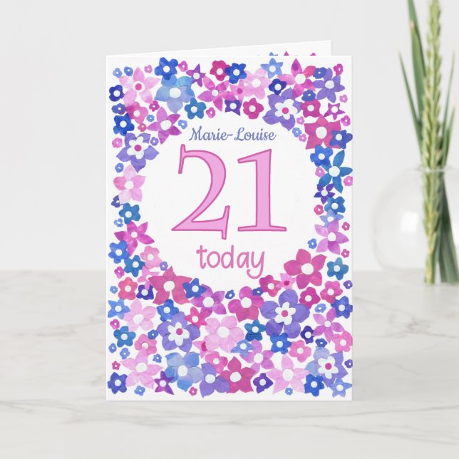 Tarjeta Personalizado floral azul rosado frente a 21 cumpl (Anverso)