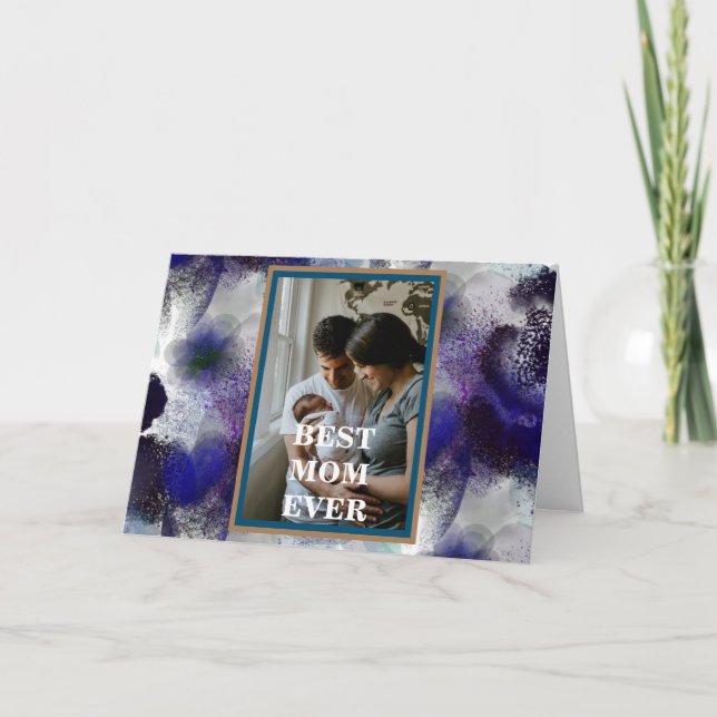 Tarjeta Personalizado Foto Blue Purple Floral Happy Mother (Anverso)
