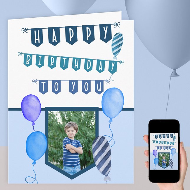 Tarjeta Personalizado Foto Bunting Blue y Balloons Cumplea (Subido por el creador)