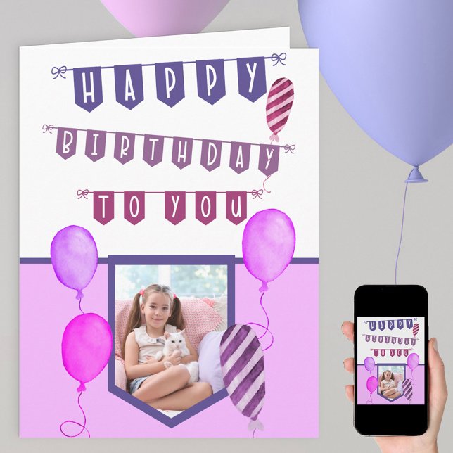 Tarjeta Personalizado Foto Purple Bunting y Balloons Cumpl (Subido por el creador)