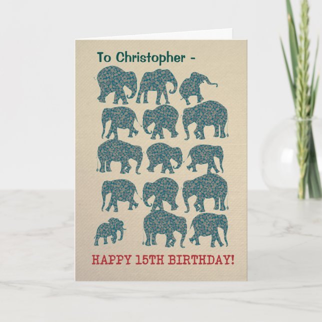 Tarjeta Personalizado Fun Paisley Elephants 15th Birthday  (Anverso)