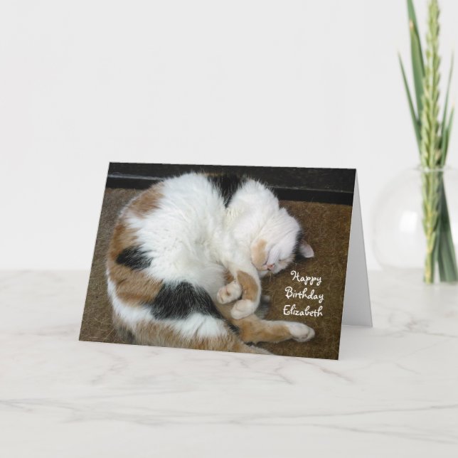 Tarjeta Personalizado gato de Calico curvado dormido Cumpl (Anverso)