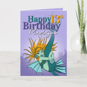 Tarjeta Personalizado Girly Mermaid Purple Green 13 cumple