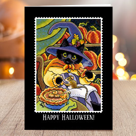 Tarjeta Personalizado Halloween Pie Witch Black Cat Mouse 