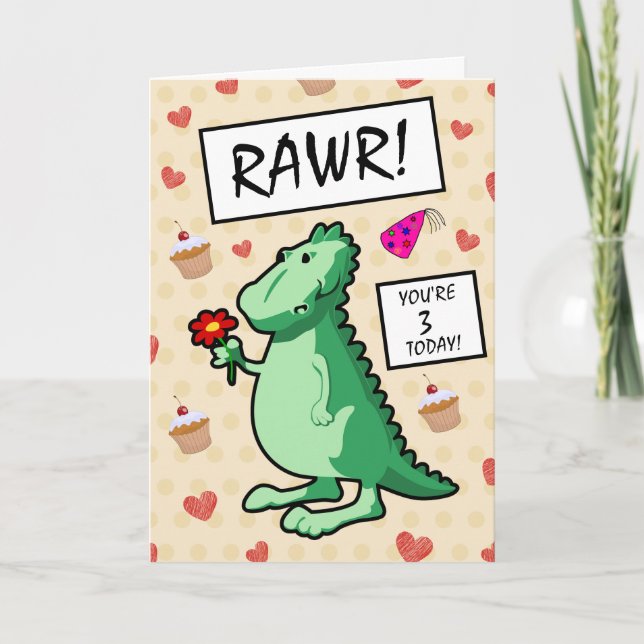 Tarjeta Personalizado lindo dinosaurio rugir feliz tercer  (Anverso)