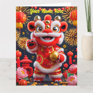Tarjeta Personalizado Lindo León de Baile Chino Rojo Dorad